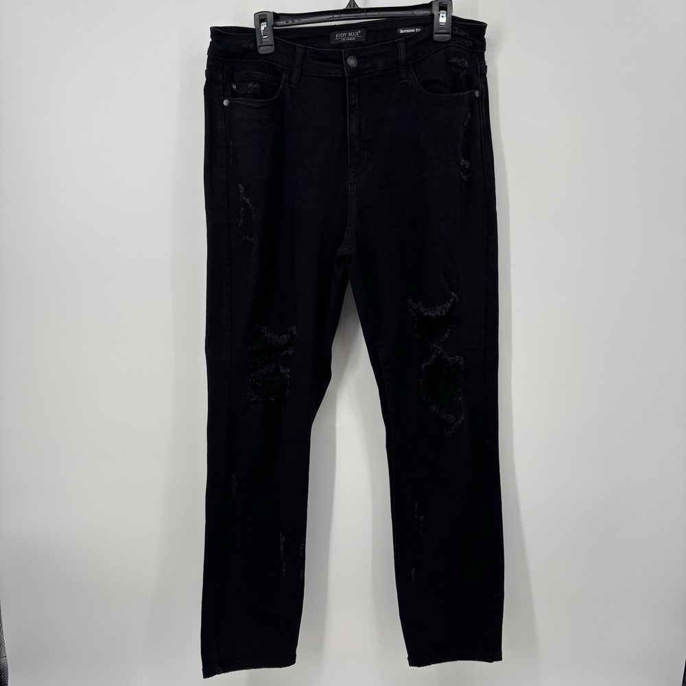 Judy Blue Jeans Womens 15/32 Black Boyfriend Fit Ripped Distressed High‎ Rise